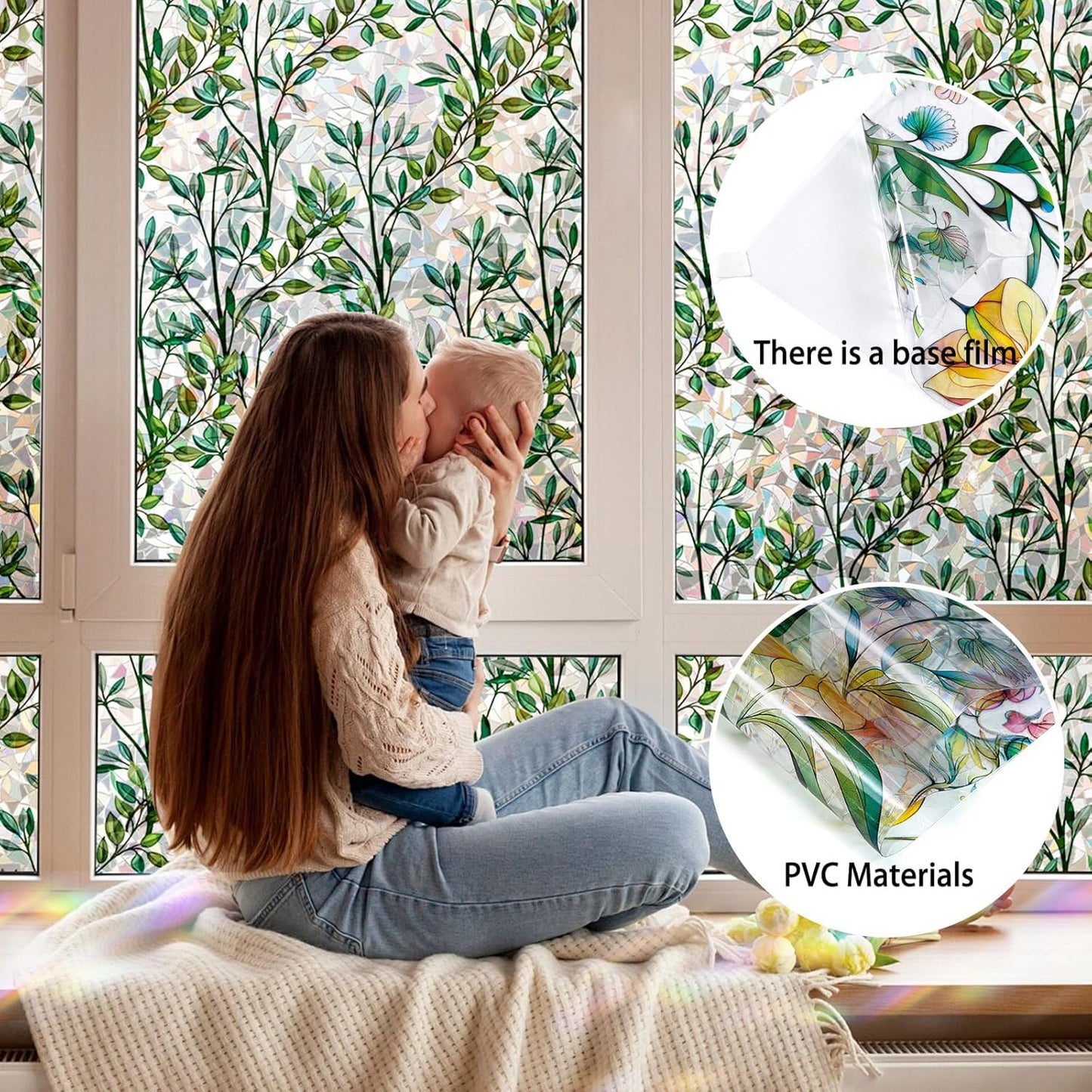 Rainbow Window Privacy Film 3D Leaf Decorative Stained Glass Window Film Anti UV Non-Adhesive Reusable 23.6" x 78.7" for Home Room Car Glass Cling