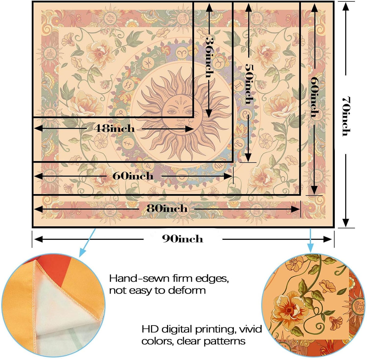 Aipon Yellow Sun and Moon Tapestry Hippie Indie Tapestries Boho Orange Flower Floral Tapestry Wall Hanging Cool Vintage Aesthetic Wall Tapestry for Bedroom Living Room Dorm (48'' × 36'', Orange)