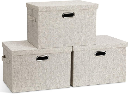 Large 17" 36 Quart Collapsible Stackable Storage Bins with Lids, 3 Packs Beige Linen Fabric Closet Boxes with Lids, Storage Cube Baskets Container Organizers for Bedroom Office(17 x12 x11)
