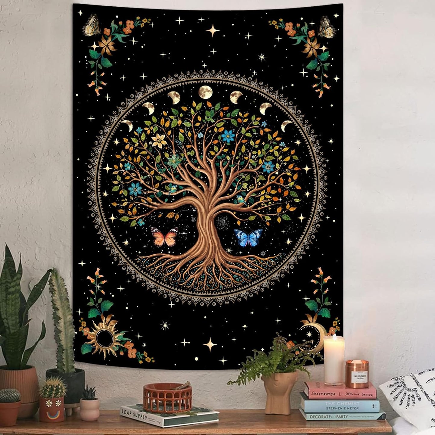 Lunerfex Tree of Life Tapestry Moon Phase Wall Tapestry, Green Tapestries for Bedroom Ceiling Tapestries Wall Hanging for Bedroom Living Room Decor Tree-4 60"x80"