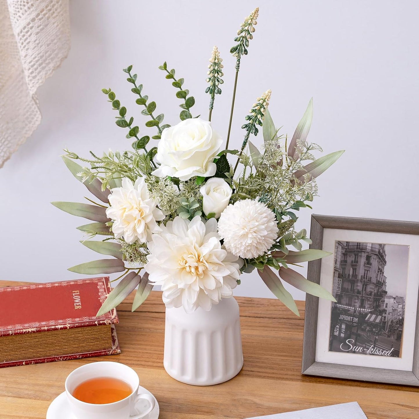 Fake Flowers in Vase, Artificial Flowers with Vase, 15.7'' Floral Arrangements for Dining Table Centerpiece Decor, Silk Roses & Faux Dahlia Bouquet for Farmfouse Kitchen Coffee Table Decor (White)