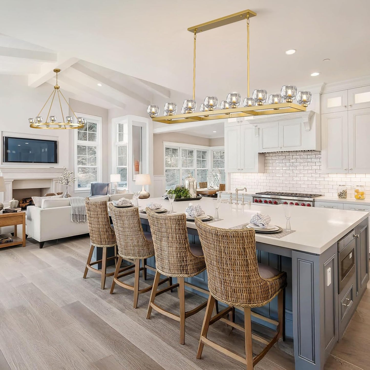 72 Inch Brass Rectangle Wagon Wheel Chandeliers, Gold Chandelier for Dining Room Over Table, Modern Crystal Long Chandelier for High Ceiling, Farmhouse Large Linear Chandeliers for Kitchen Island