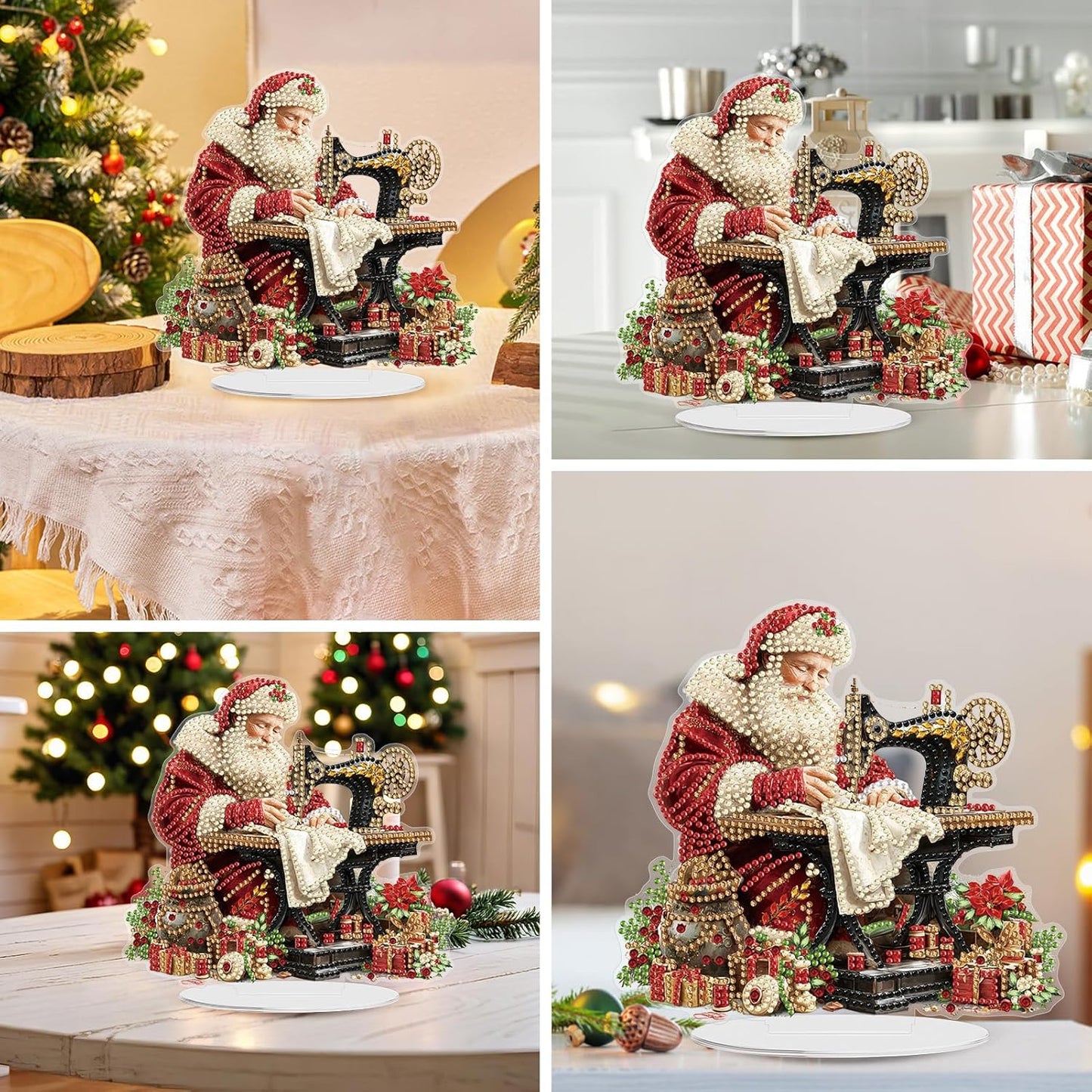 Diamond Art Kits for Adults, Santa Claus with Sewing Machine, Special Shaped Rhinestone Diamond Art Christmas Ornaments, Santa's Domestic, Diamond Painting Desktop Ornament Gem Art Crafts Home Decor