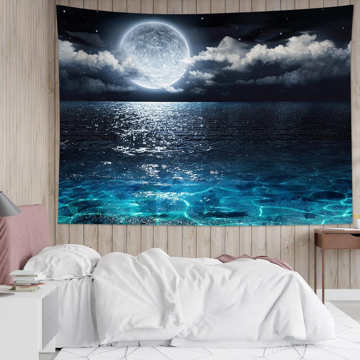 LB Moon Over Ocean Tapestry, Night Sky Tapestry Wall Hanging, 3D Fantasy Psychedelic Watercolor Wall Art for Bedroom Living Room Dorm Home Decor, 60 x 40 Inches