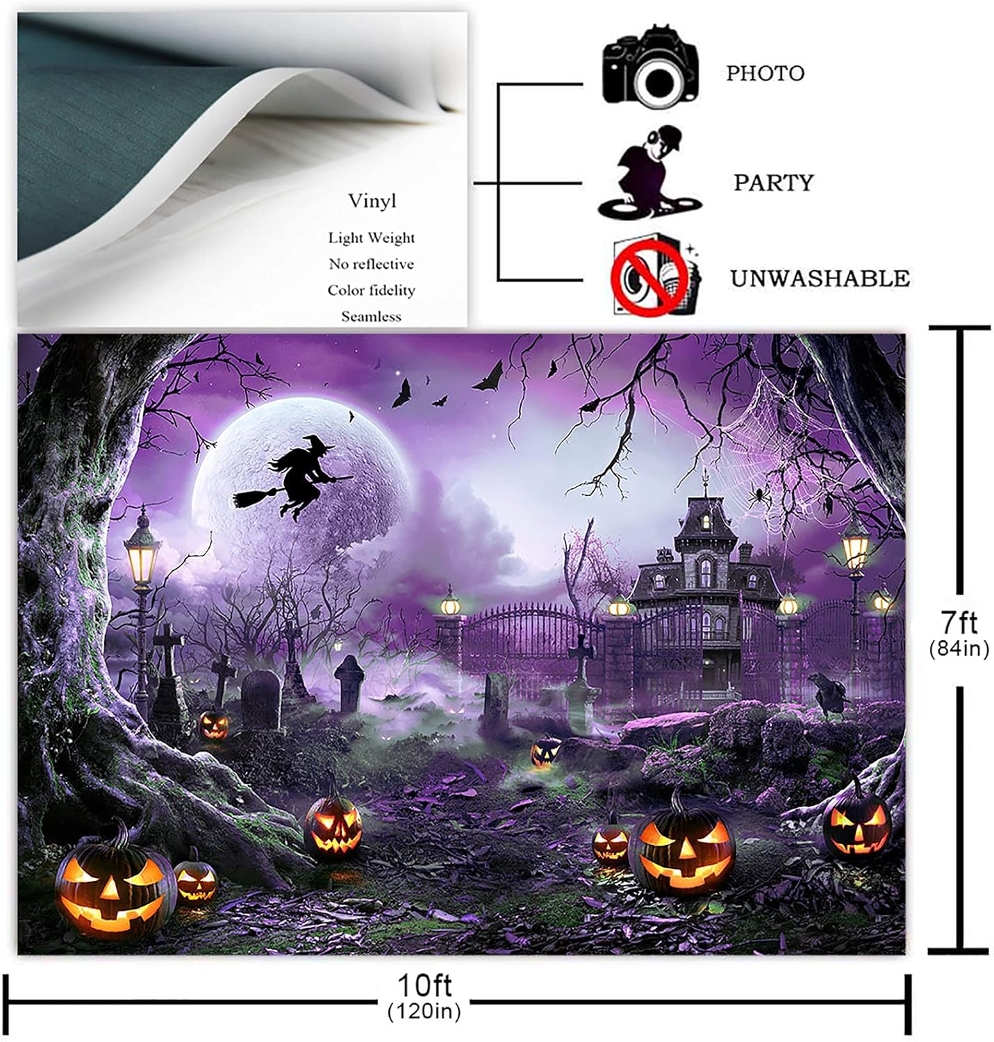 Avezano Halloween Photography Backdrop Full Moon Scary Night Castle Pumpkins Party Background Spooky Witch Bats Cemetery Child Kids Halloween Party Decorations Photoshoot Backdrops (10x7ft, Purple)