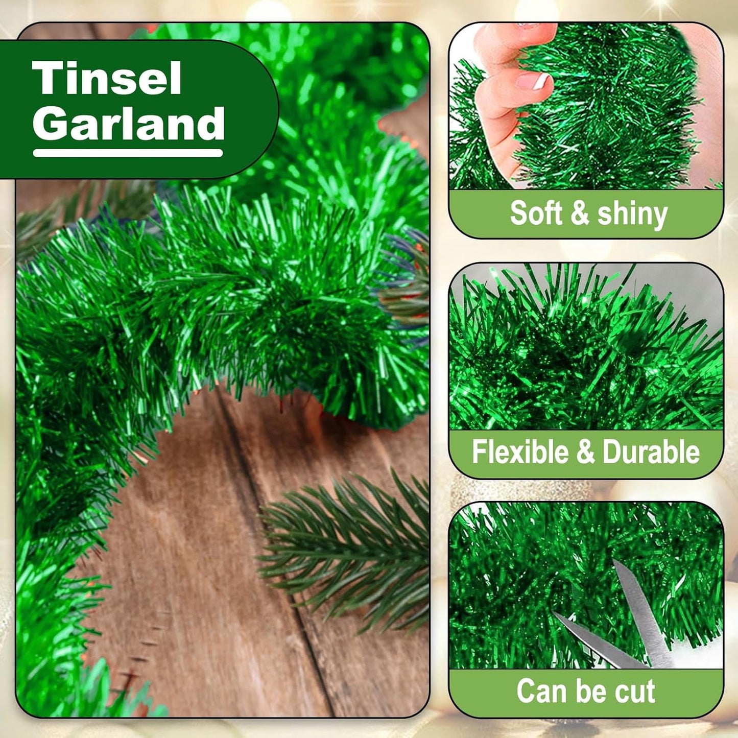 25 Feet Metallic Twist Tinsel Garland Backdrop for Parade Floats, Christmas Eve, New Year, Valentine's Day Party Decorations (Green, 4in x 25ft)