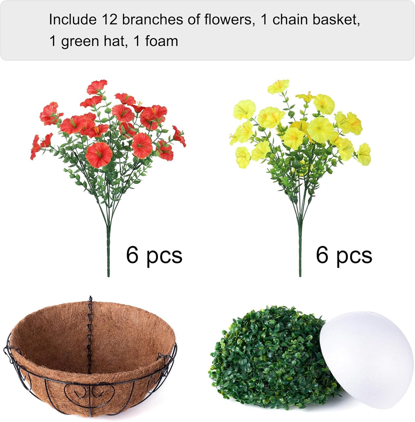Artificial Fall Flowers Fake Hanging Plants Flowers Basket for Outdoors Autumn Decoration, Silk Morning Glory with Eucalyptus Look Real UV Resistant Faux Flowers for Outside Porch Patio Balcony, Mix