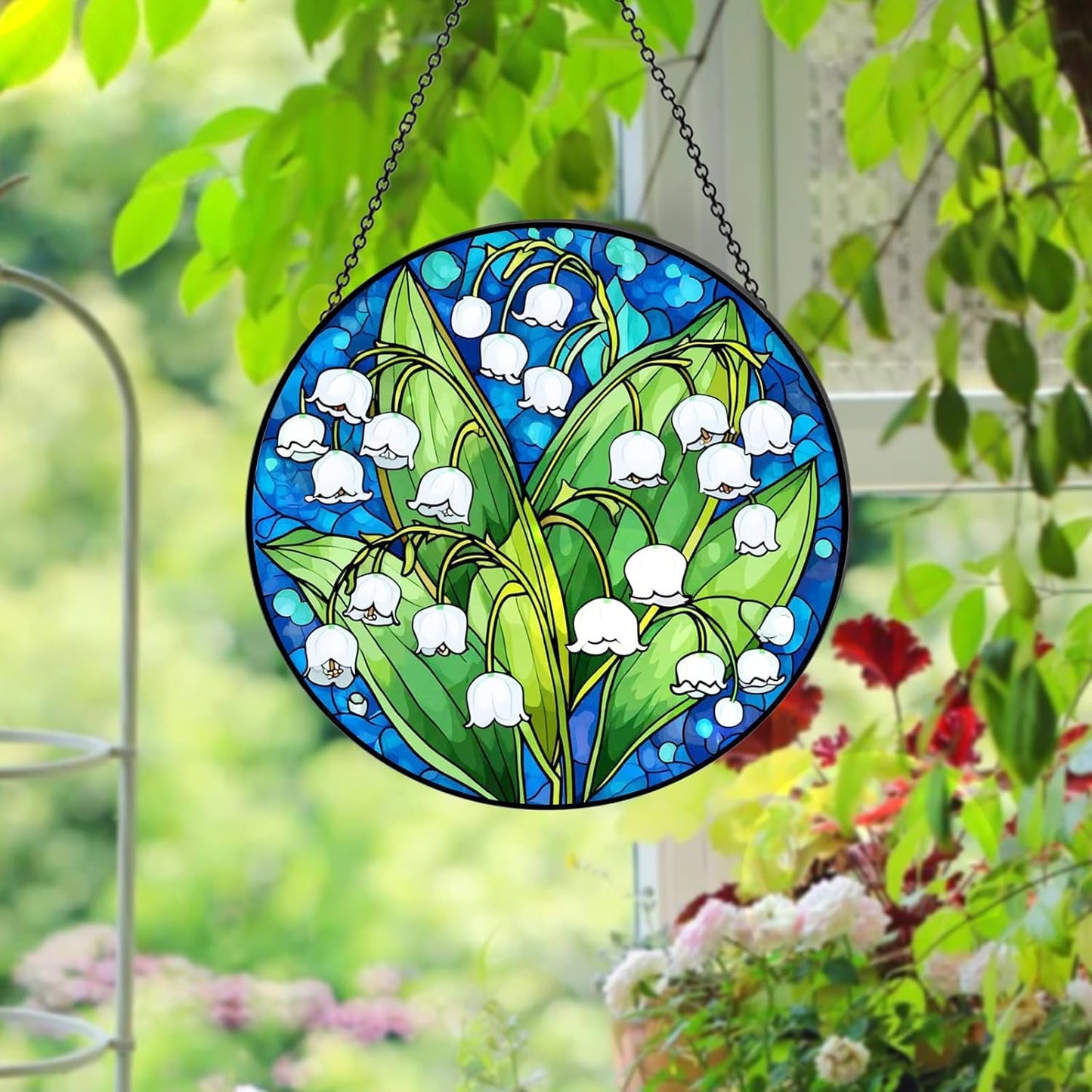 Stained Glass Window Hanging – Double-Sided Glass Sun Catcher with Chain – Memorial Window Art Panel for Home Décor, Spiritual Comfort, and All-Occasion Gifting