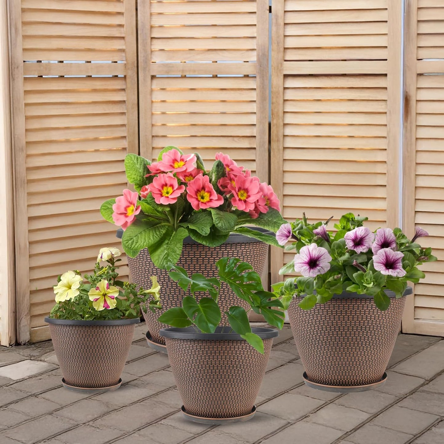 12 inch Pots for Plants, 4 Pack Large Outdoor Planter Pot with Drainage Holes & Saucers, Plastic Flower Pots for Indoor Plants, Decorative Garden Pots for Indoor & Outdoor Plant (Black Copper)