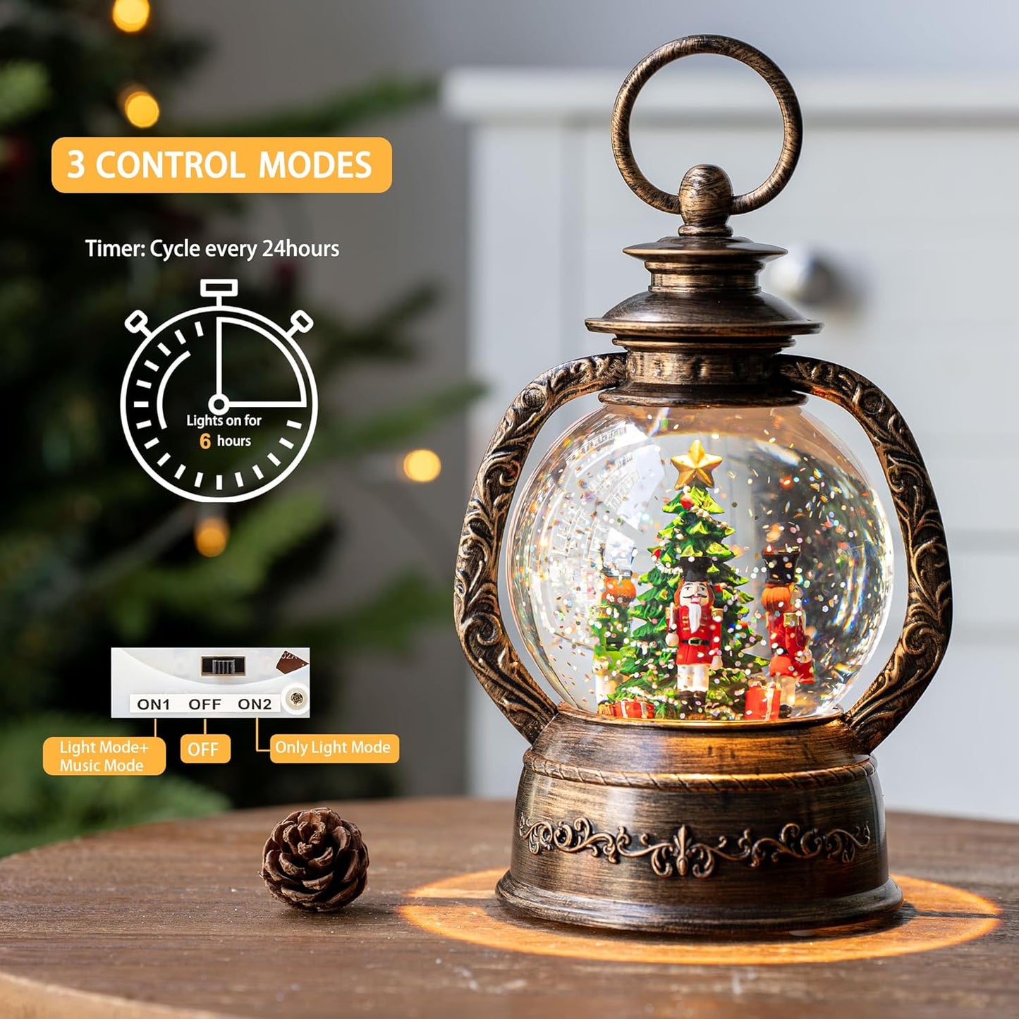 Christmas Snow Globe Lantern Water Glittering Nutcrackers with Music & Timer, USB Lined/Battery Operated Lighted Lantern for Christmas Festival Decoration Gifts