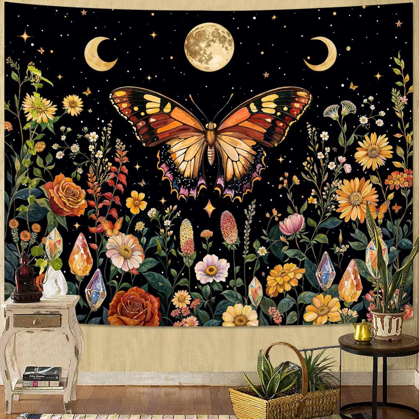 Lunerfex Boho Butterfly Tapestry Flower Moon Wall Tapestry, Moon Phases Tapestries for Bedroom Cute Tapestries Wall Hanging for Bedroom Living Room Decor Butterfly-2 70"x90"