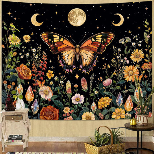 Lunerfex Boho Butterfly Tapestry Flower Moon Wall Tapestry, Moon Phases Tapestries for Bedroom Cute Tapestries Wall Hanging for Bedroom Living Room Decor Butterfly-2 60"x80"
