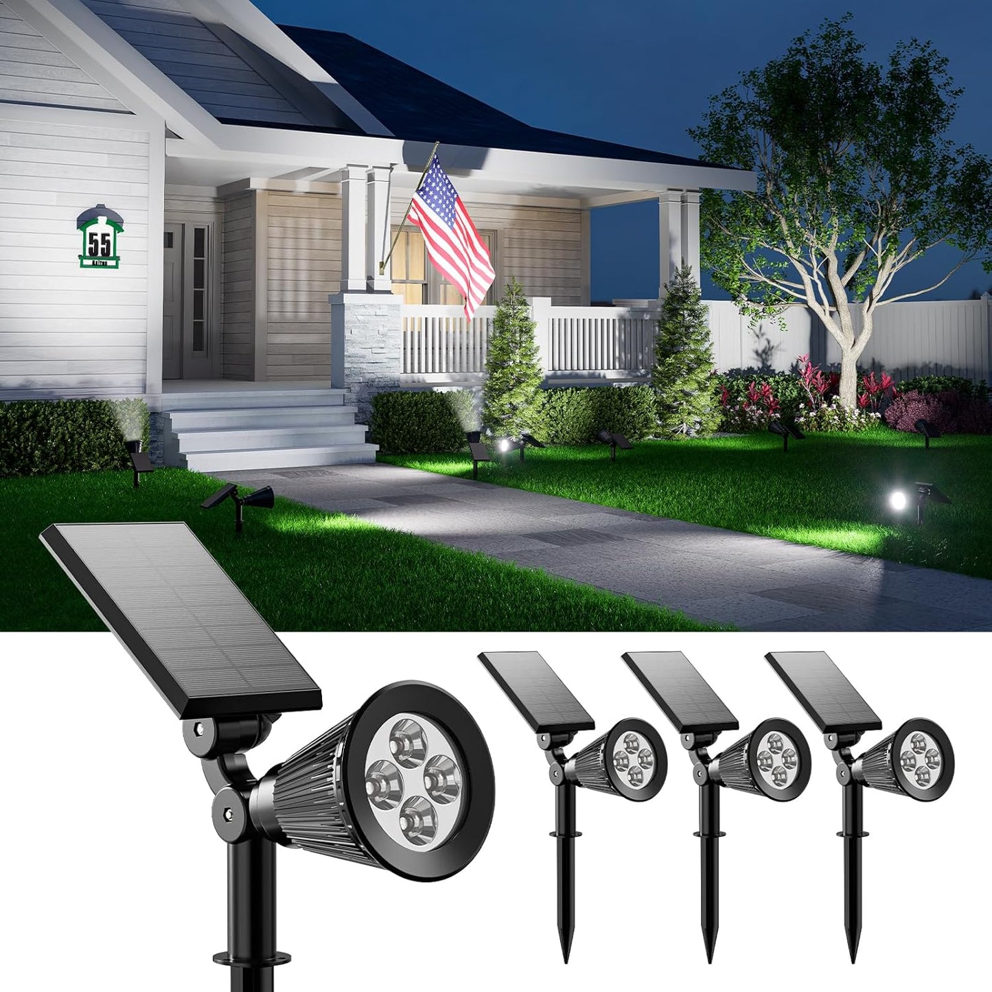 4 Pack Solar Spotlights Outdoor Waterproof for Tree, Statue, Flower, Pot, Bush, Wall, Bright LED Outside Landscape Flood Lights for Security Uplighting Yard, Garden, Driveway, Walkway, House, Fence