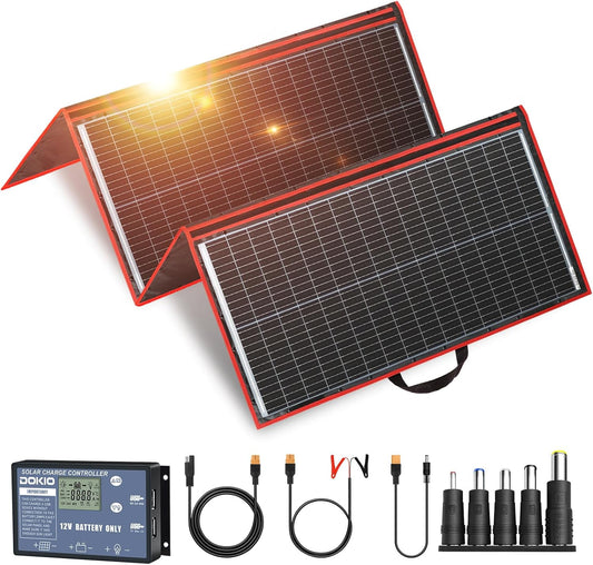 DOKIO 300W Portable Foldable Solar Panel Kit (21x40in, 17lb), with Separate Controller and Dual USB, Monocrystalline Charger for 12V Batteries, Power Stations, RV Camping Emergency Use