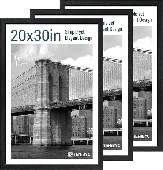20x30 Poster Frame Set - 3 Pack, Textured Black Solid Wood Picture Frame, Wall Gallery Frame - Wall Hanging