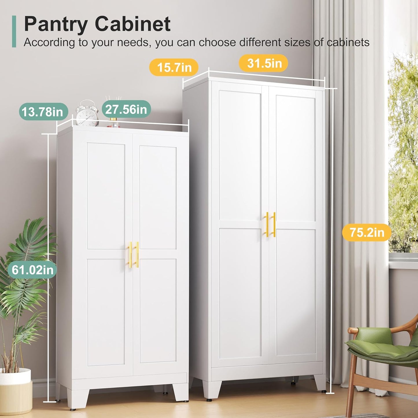 Metal Pantry Cabinet with 2 Doors and Adjustable Shelves - 61" Kitchen Storage Cabinet with Gold Handles - Versatile Storage for Kitchen, Bathroom, Dining Room, Utility Room - White