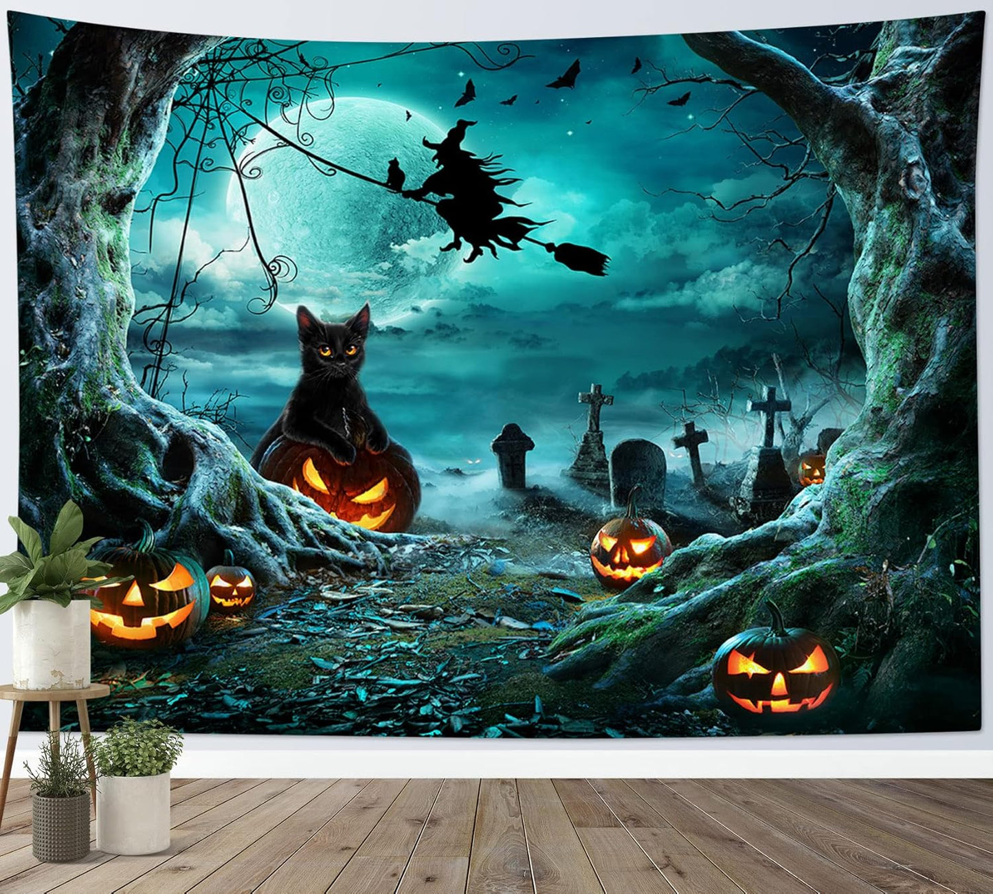 LB Halloween Pumpkin Tapestry Creepy Black Cat Witch Dead Tree in Spooky Graveyard Full Moon Night Halloween Wall Hanging for Bedroom Living Room Dorm Holiday Party Decor 48x36 Inch