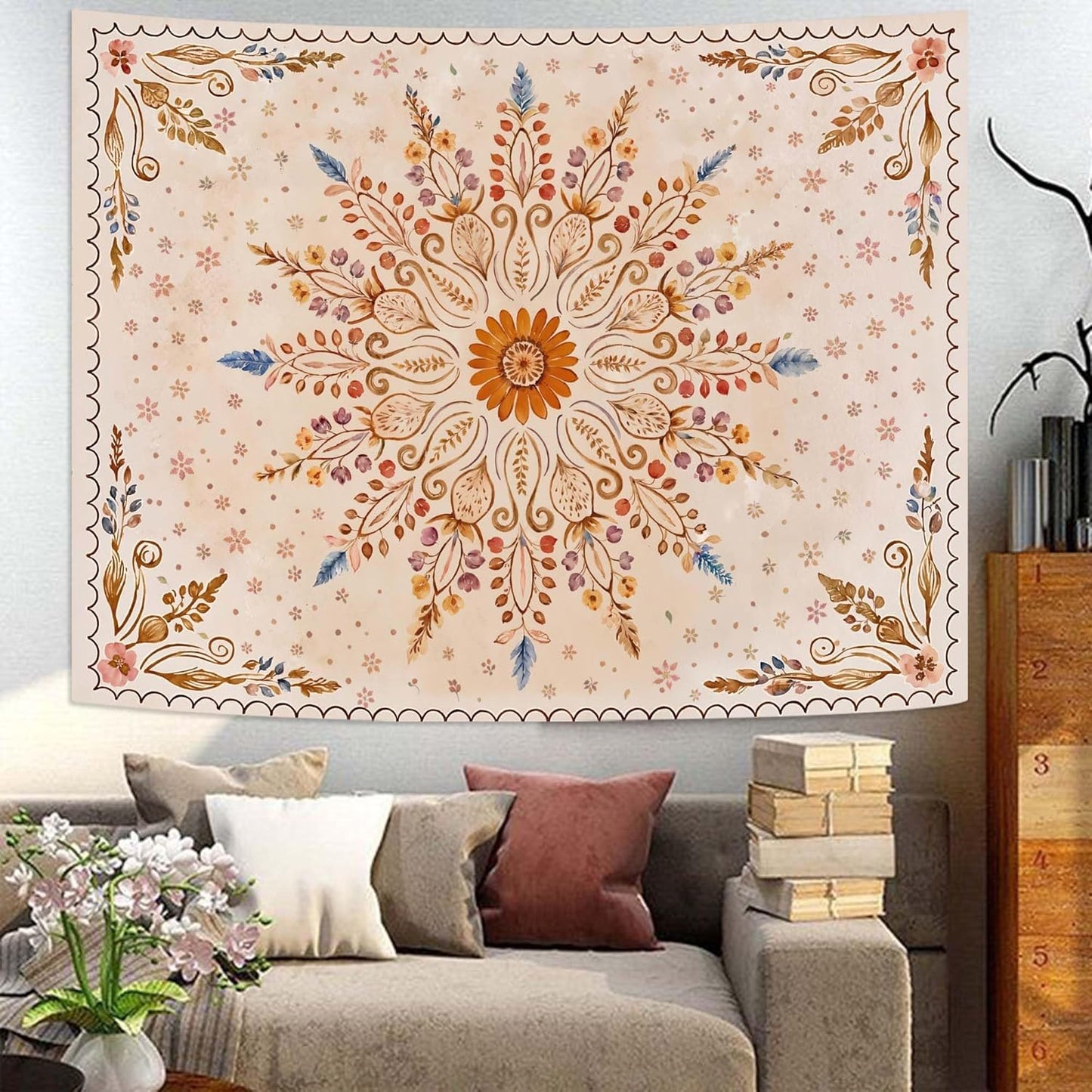 Fowocu Boho Floral Mandala Tapestry for Bedroom Aesthetic Watercolor Bohemian Flower Wall Tapestry Brown Beige Hippie Indian Small Tapestries Wall Hanging for Living Room Dorm Decor 40 x 30 Inch
