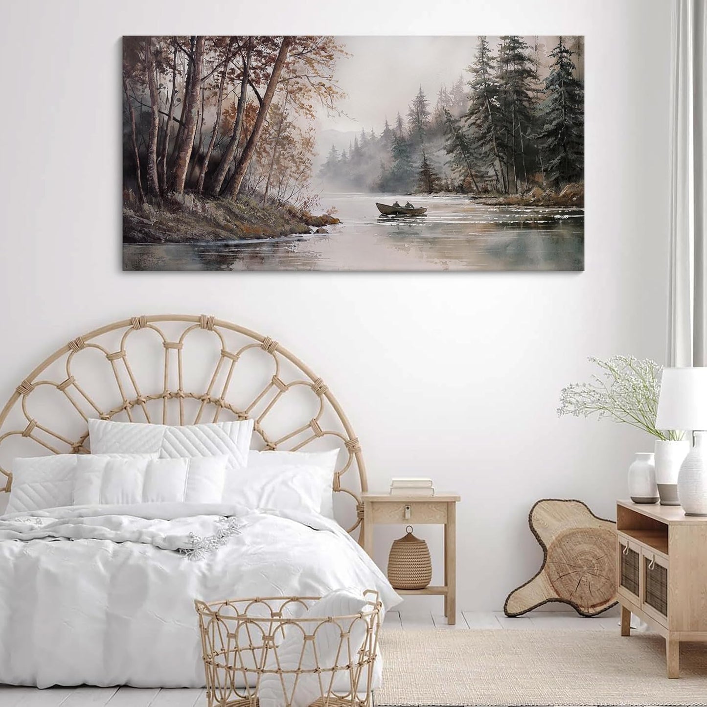 HGUAOA Mountain Canvas Wall Art Rustic Lake Landscape - Nature & Forest Scenery Paintings Pictures for Living Room & Bedroom Wall Decor Vintage Artwork for Walls