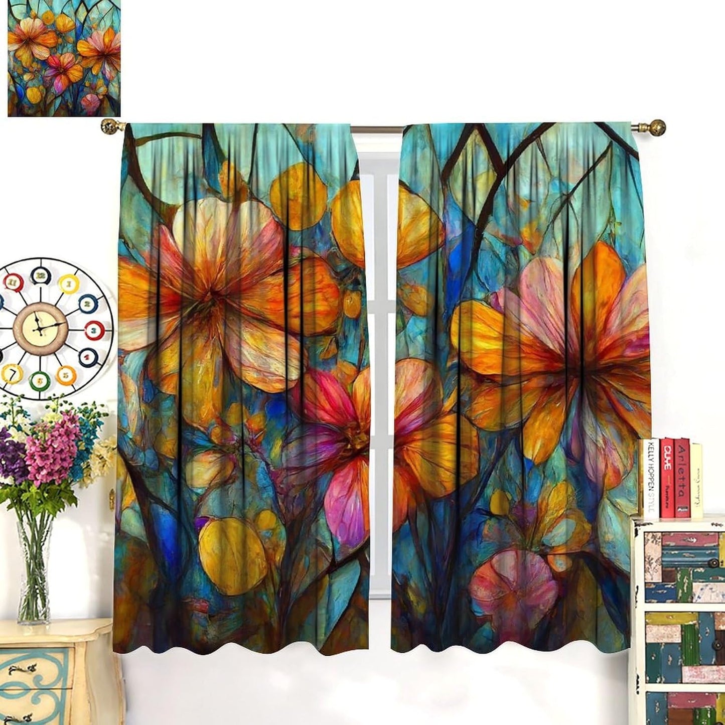 Stained Glass Curtains,Magic Forest Colorful Flowers Abstract Art Home Decor Drapes for Bedroom Living Room Kitchen Window Treatment 2 Panels Set Total Size 55" W X 63" L Inch