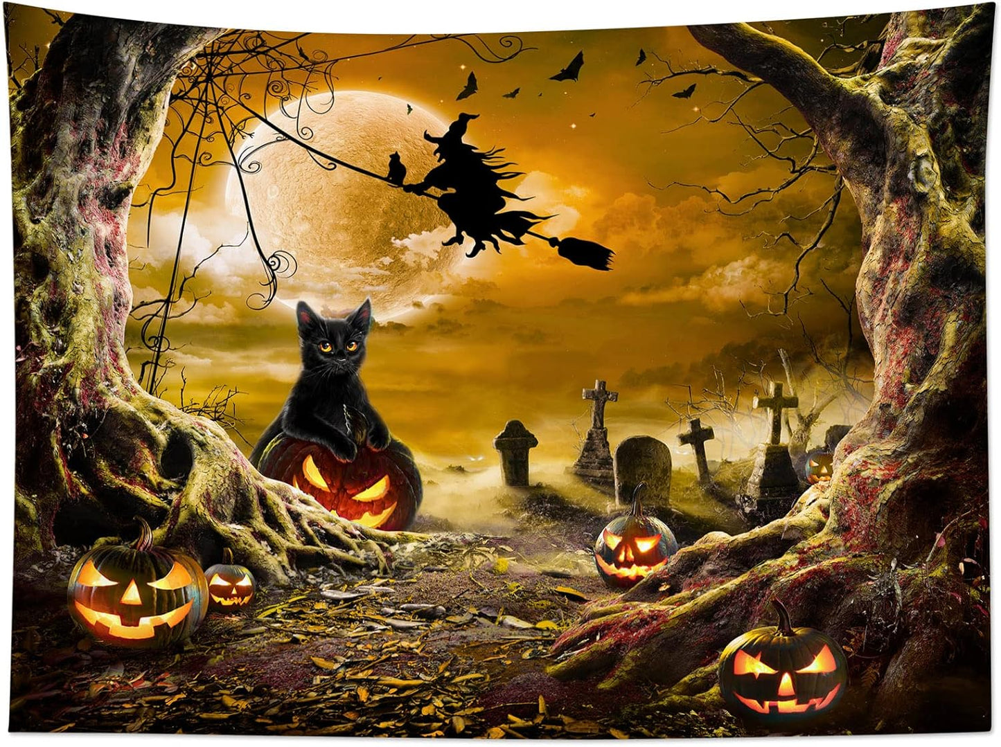 LB Halloween Wall Art - Horror Witch Cat & Dead Tree Pumpkin Lights with Spooky Graveyard Orange Full Moon over Misty Forest Wall Tapestry for Bedroom & Living Room - 48x36 Inch