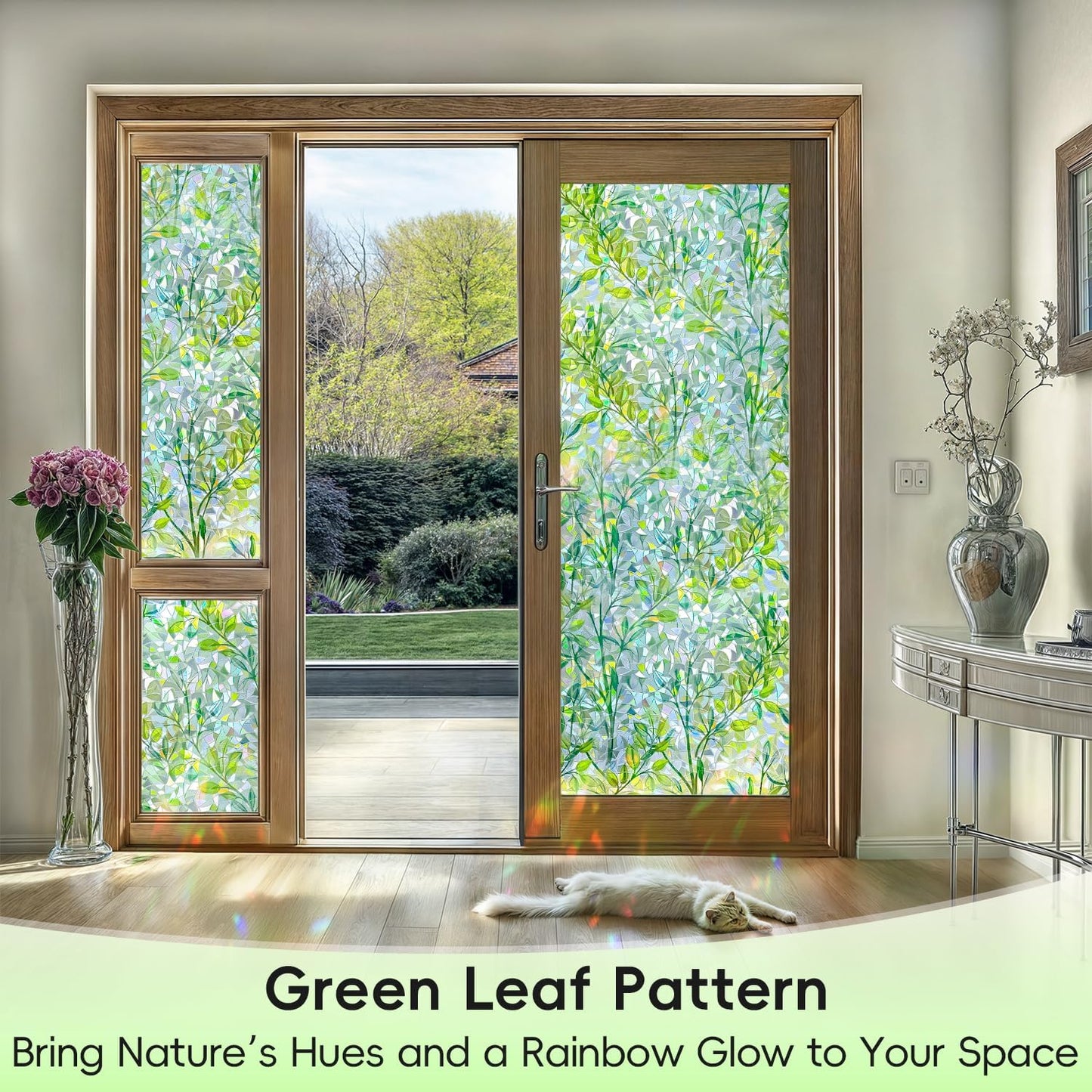 DUOFIRE Window Privacy Film Decorative Stained Glass Window Film Rainbow Foliage Windows Cling Anti UV Non-Adhesive Static Cling Reusable Colorful Windows Decal for Home 35.4×78.7 inch