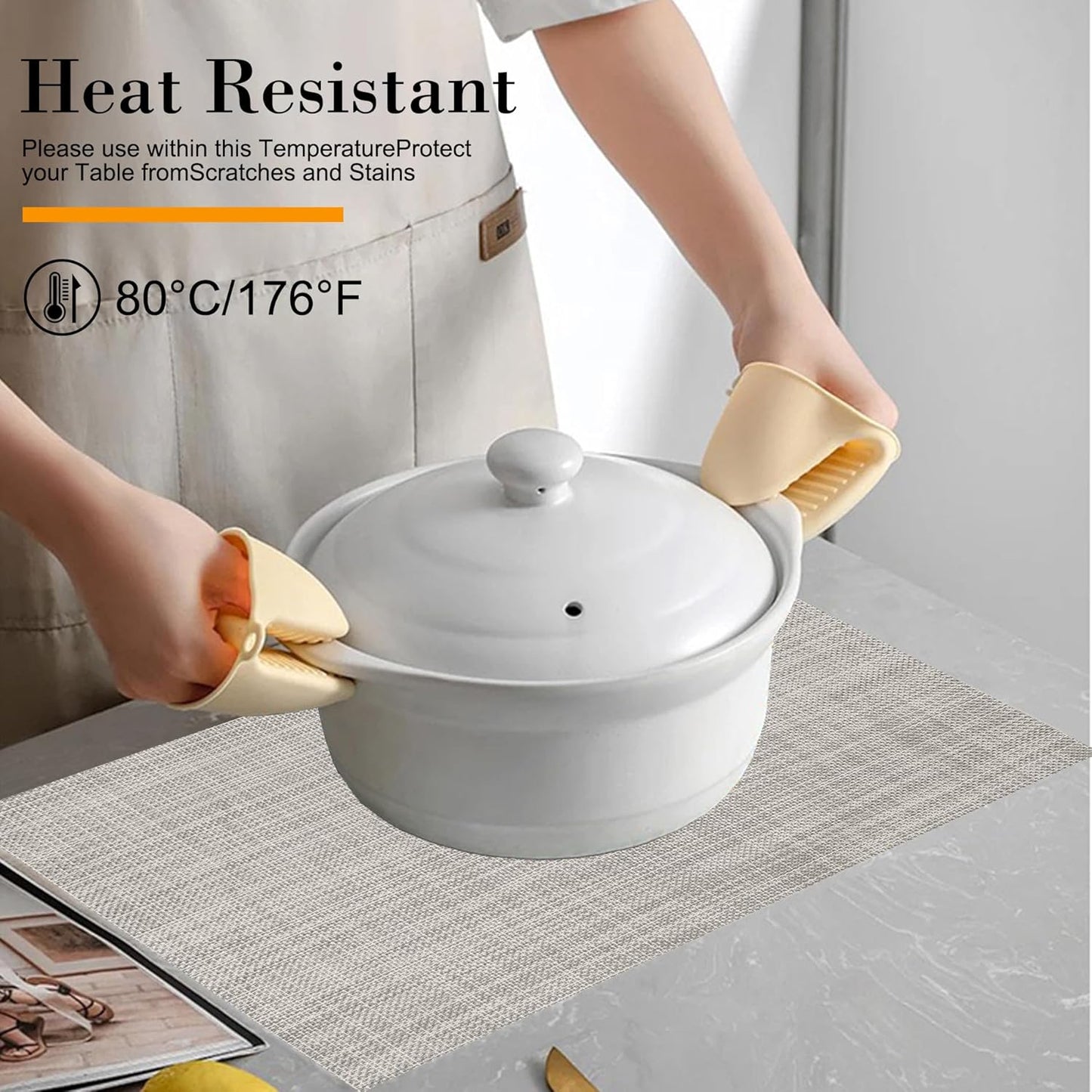 Placemats Set of 6 Washable Indoor/Outdoor Vinyl Place Mats for Dining Table Durable Non-Slip Heat Resistant PVC Weave Table Mats(Brown Black)