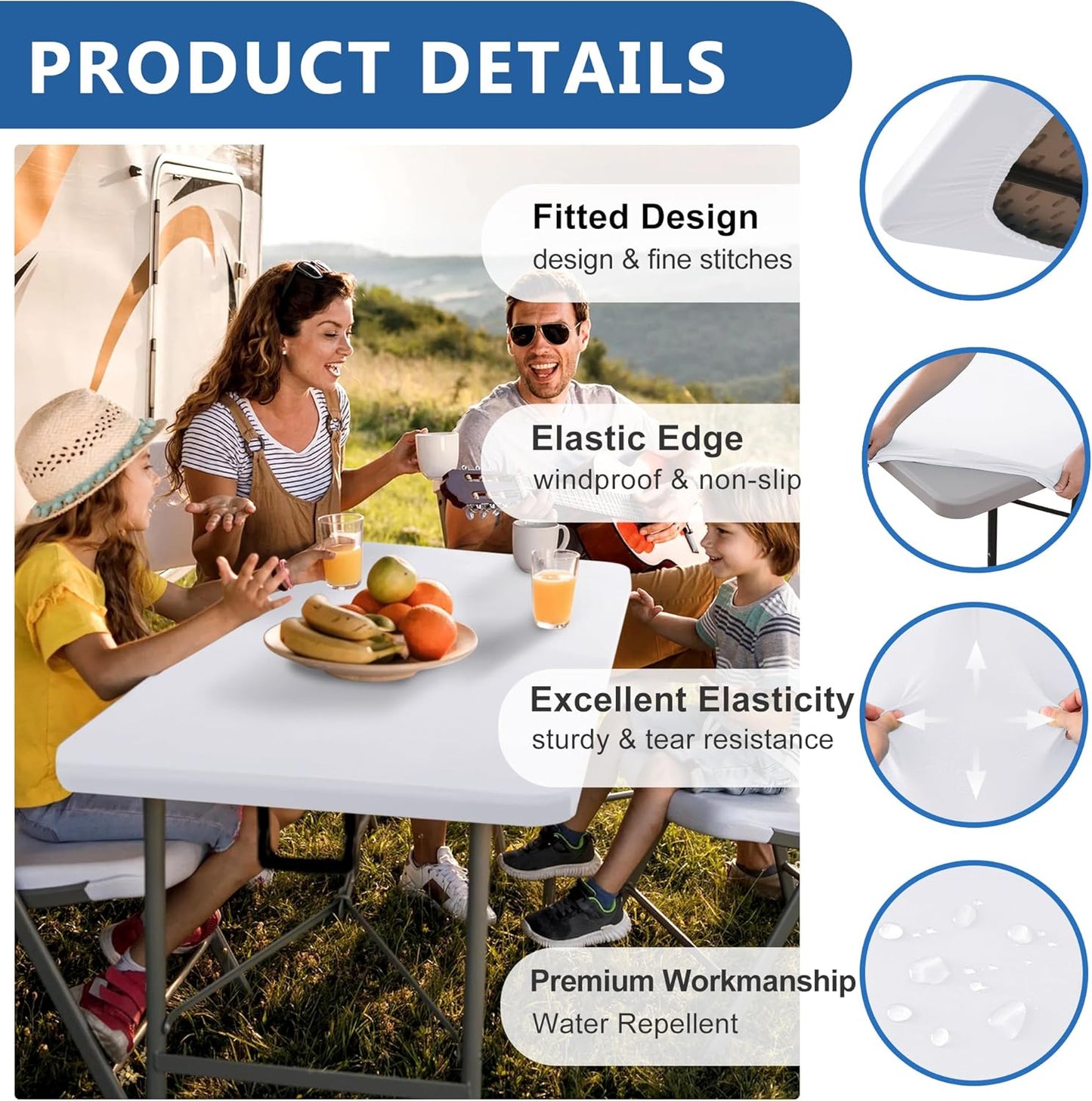 Fitted Tablecloth for 8 Foot Rectangle Tables-6 Pack Cream Elastic Outdoor Picnic Table Cover-Spandex Stretch Folding Table Cloths 8ft for Camping Dining Room Patio Kitchen Banquet Party