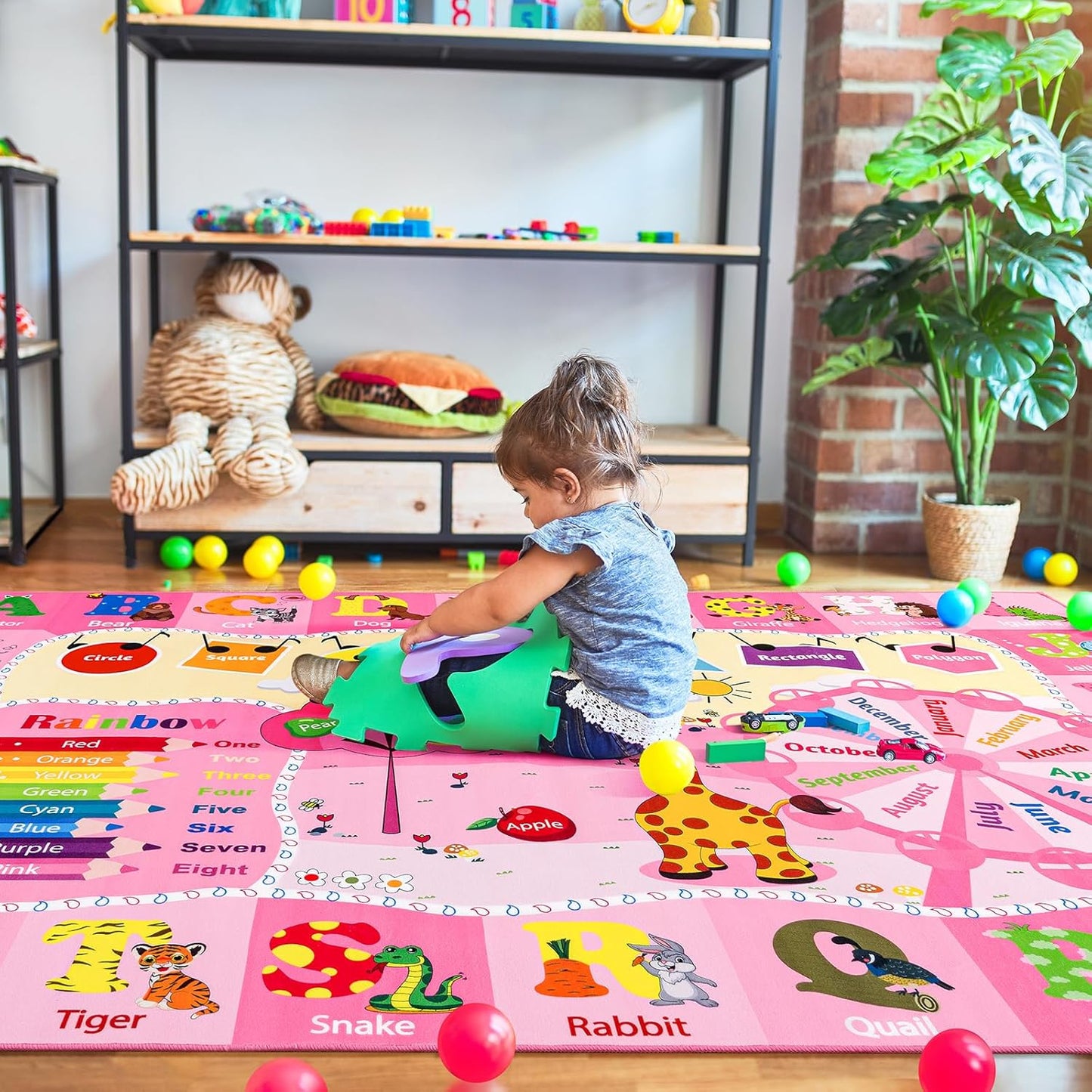 Kids Rugs for Playroom Bedroom Classroom Nursery, Non-Slip and Washable Rugs for Children Toddlers Girls, Educational and Fun Rug Carpets with ABC Alphabet Animals Shapes, 4x6, Pink