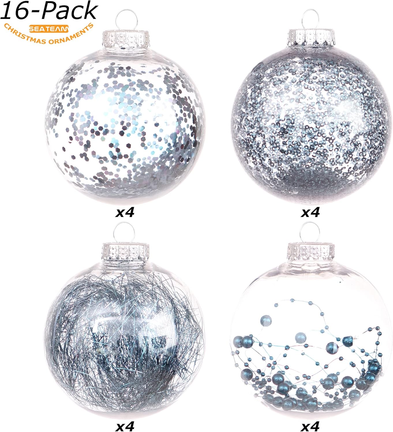 Sea Team Shatterproof Clear Plastic Christmas Ball Ornaments Decorative Xmas Balls Baubles Set with Stuffed Delicate Decorations (100mm/3.94 inch 16-Pack, Stone Blue)