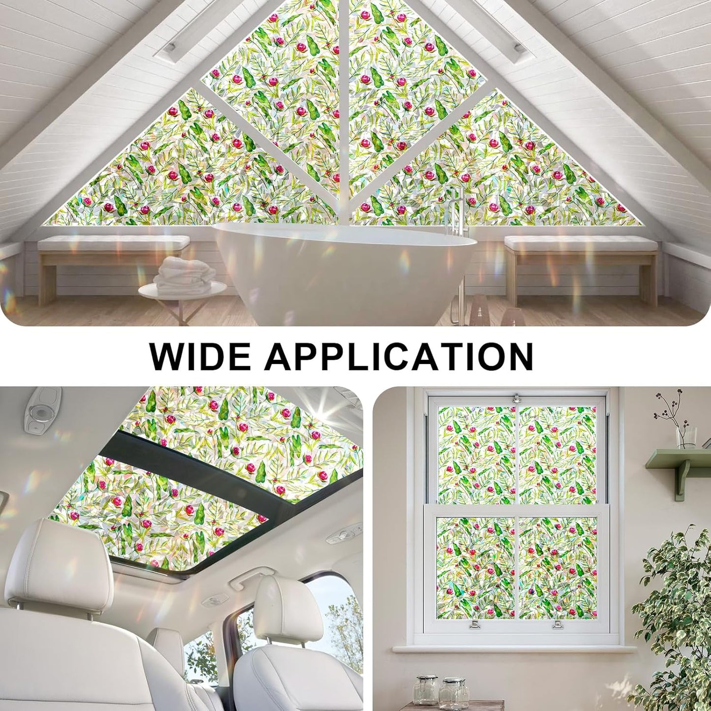 Rainbow Window Privacy Film 3D Floral Decorative Stained Glass Window Film Anti UV Non-Adhesive Reusable 23.6" x 78.7" for Home Room Car Glass Cling