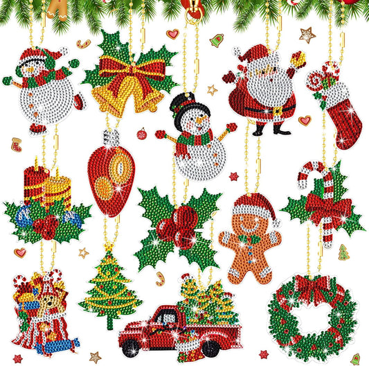 Equsion 14 Pcs Diamond Art Christmas Ornaments Christmas Diamond Painting Keychains Kits 5d DIY Hanging Double Sided Diamond Art Key Ring Painting Key Chain Family Decor Rhinestone Pendant