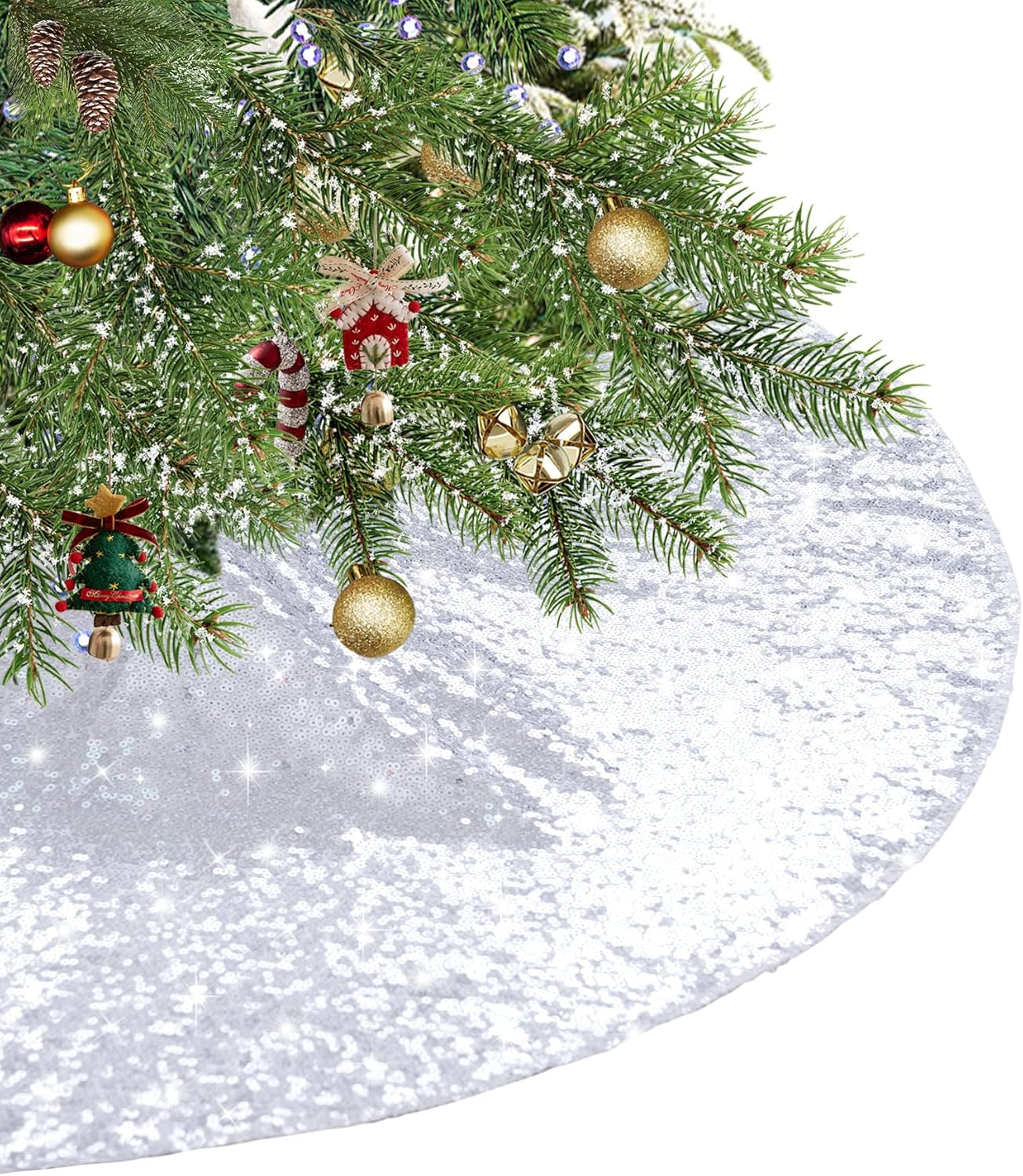 Eternal Beauty Christmas Tree Skirt, 36 Inch Silver Sequin Tree Skirt Small Xmas Tree Skirt for Christmas Tree Decorations