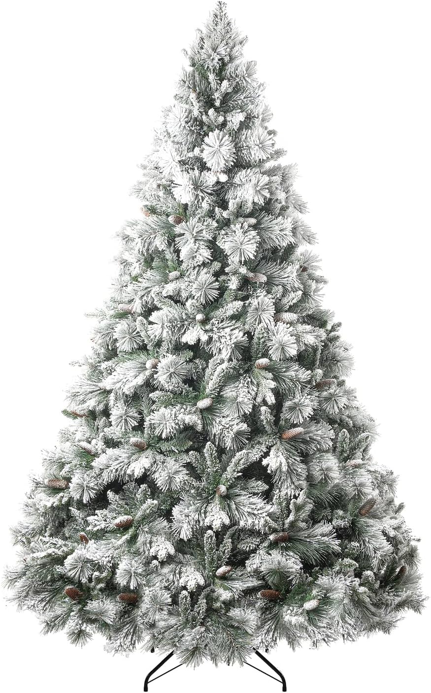 Glasgow 7.5ft Frosted Prelit Artificial Christmas Tree with Pine Cones, Foot Pedal, 1556 Branch Tips, 750 Warm Lights & Metal Stand, 61" Wide Realistic Pine Snow Flocked Christmas Tree with Lights
