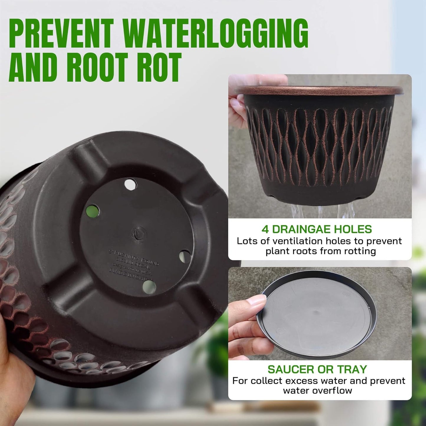 4 Pack 16 Inch Retro Plant Pots, Vintage Striped Flower Pots with Drainage Hole & Saucer, Large Plastic Planters for Indoor and Outdoor Plants, Decorative Garden Pots(Copper)