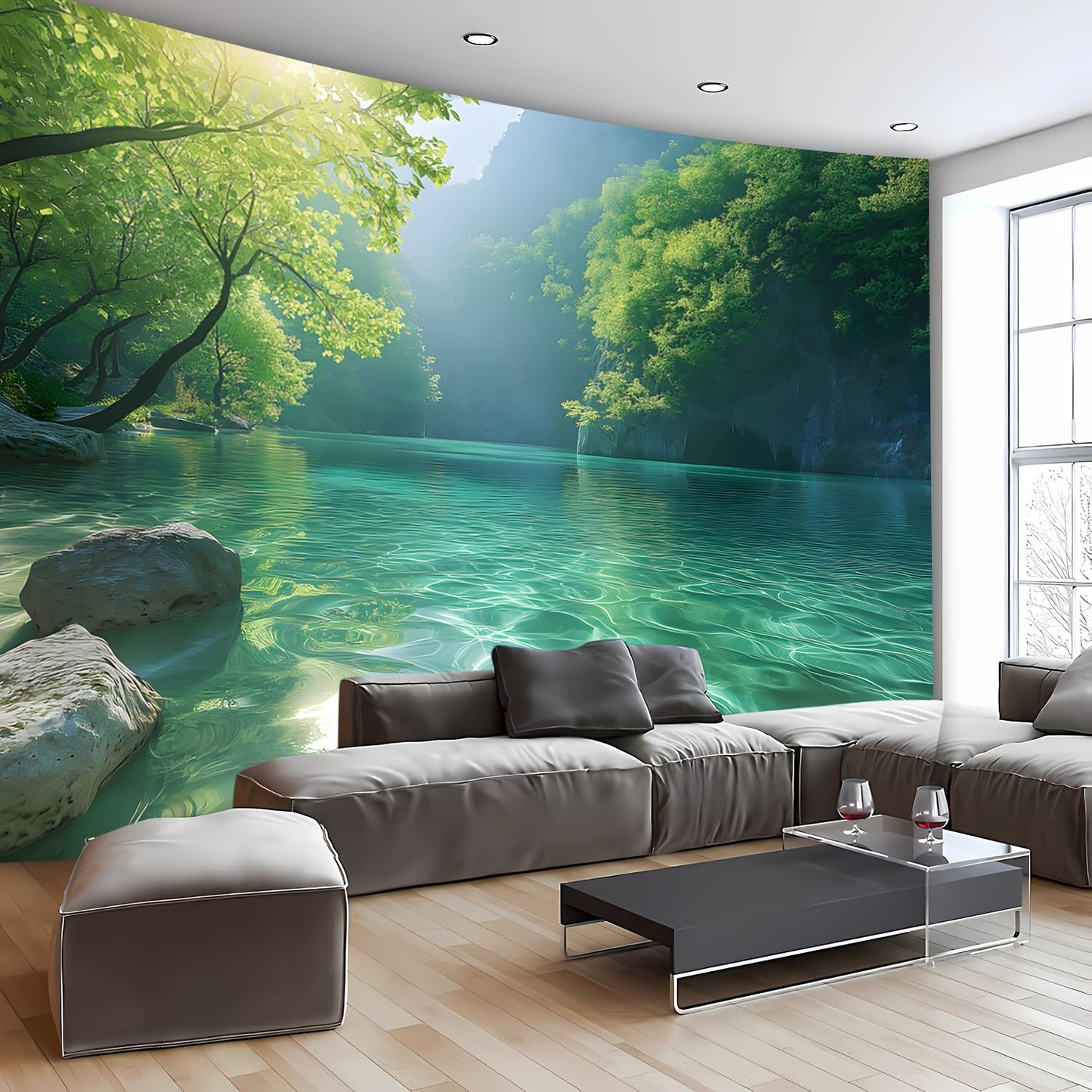 BSFHH Nature Tapestry Forest Tree Sea Cave Wall Hanging, Stream Through Rainforest Landscape Wall Art Tapestry for Bedroom Living room (Lake View, 90"×70", Unframed)