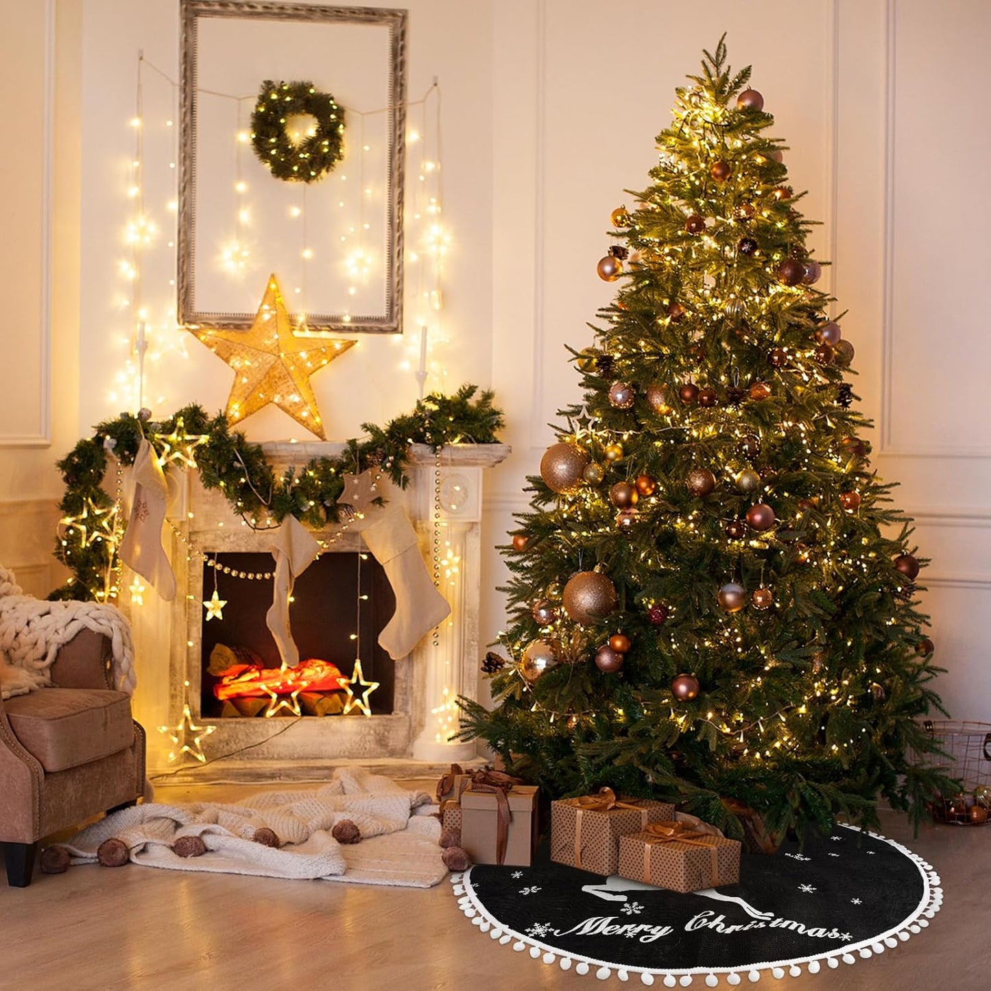 30 Inch Christmas Tree Skirt, Burlap Black Christmas Rustic Tree Skirt with Elk Deer and White Snowflake Printed for Holiday Party Xmas Tree Decoration