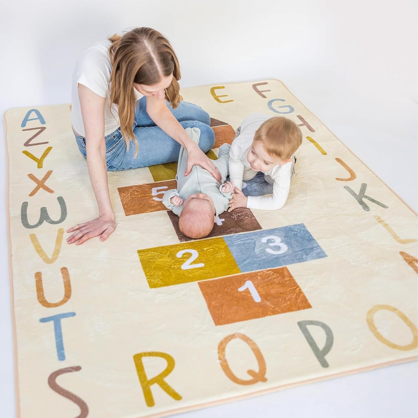 Washable Hopscotch Rug for Kids | Educational ABC & Numbers Carpet for Toddler Playroom or Classroom | 4.6' x 6.5' Non-Slip Play Mat | Neutral Decor