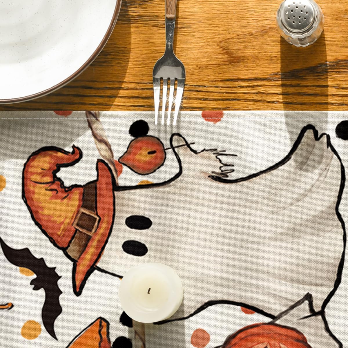 Artoid Mode Beige Ghost Jack-O'-Lantern Black Cat Halloween Table Runner,Holiday Kitchen Dining Table Decoration for Home Party Decor 13 x 108 Inch