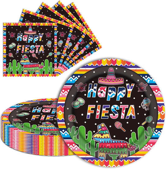 Mexican Party Paper Plates and Napkins Disposable Fiesta Party Supplies 9 inch 20 pcs Dessert Cake Plates & 20 pcs Napkins Tableware for Fruit Cake Party Decorations
