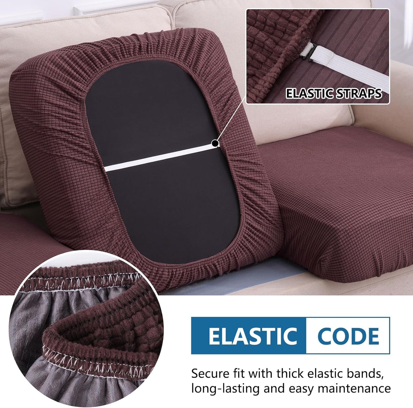 hyha Waterproof Couch Cushion Covers for Pets, Non Slip Sofa Seat Cover for Dogs Washable, Soft Thick Stretch Jacquard Fabric, Sofa Slipcovers with Elastic Bottom (3 Pieces, Chocolate)