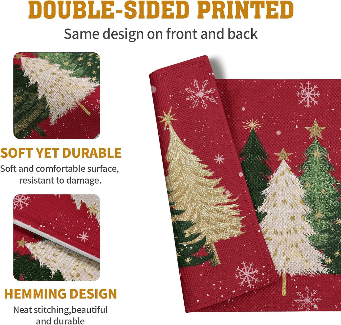 Red Christmas Tree Placemats Set of 4, 12x18 Inch Xmas Trees Snowflakes Winter Holiday Place Mats Seasonal Washable Linen Table Mat for Indoor Outdoor Kitchen Dining Party Decor