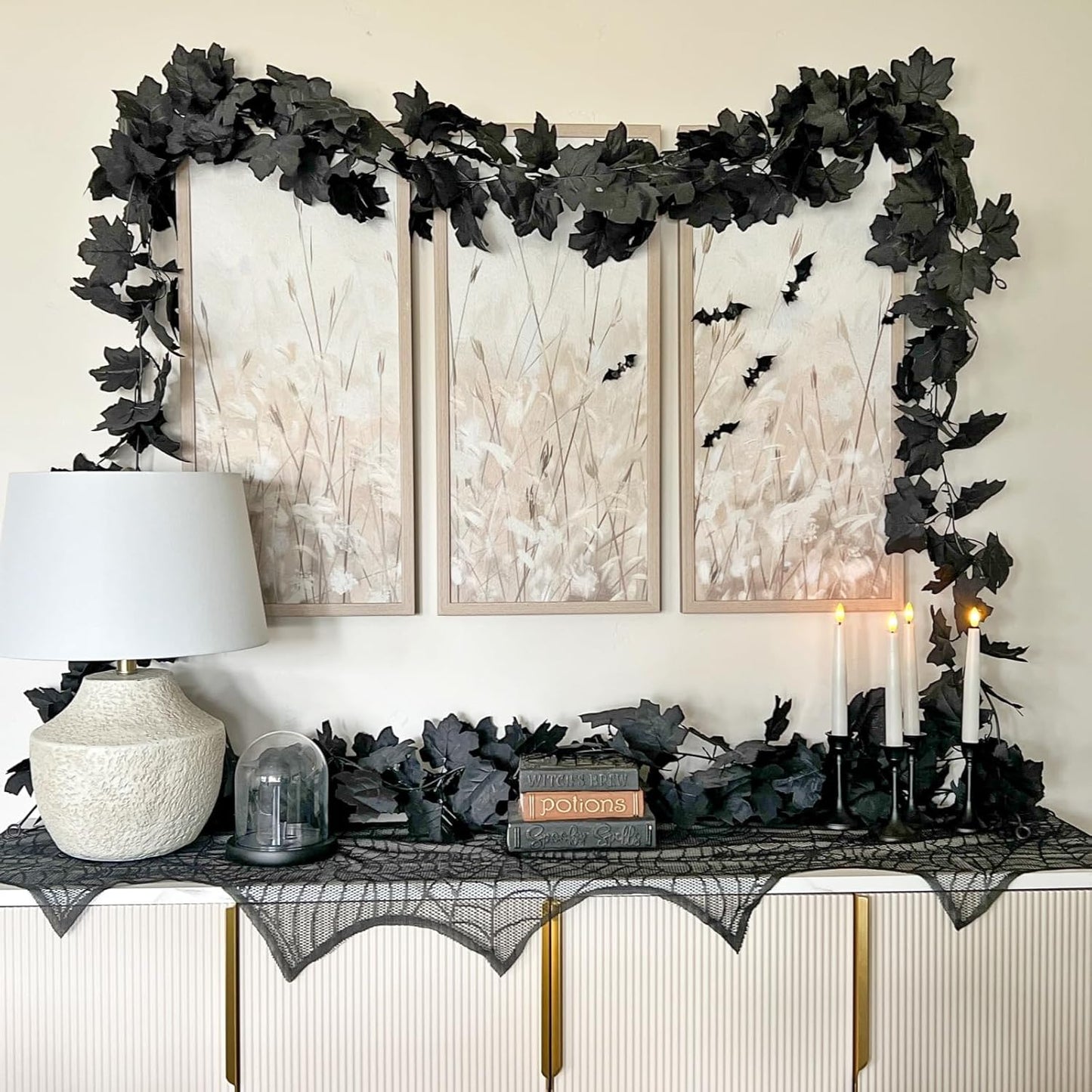 CQURE 3 Pack Black Fall Leaf Garland,Total 17.7t Halloween Garland Hanging Vines Artificial Fall Maple Leaves Thanksgiving Decor for Home Wedding Fireplace Christmas