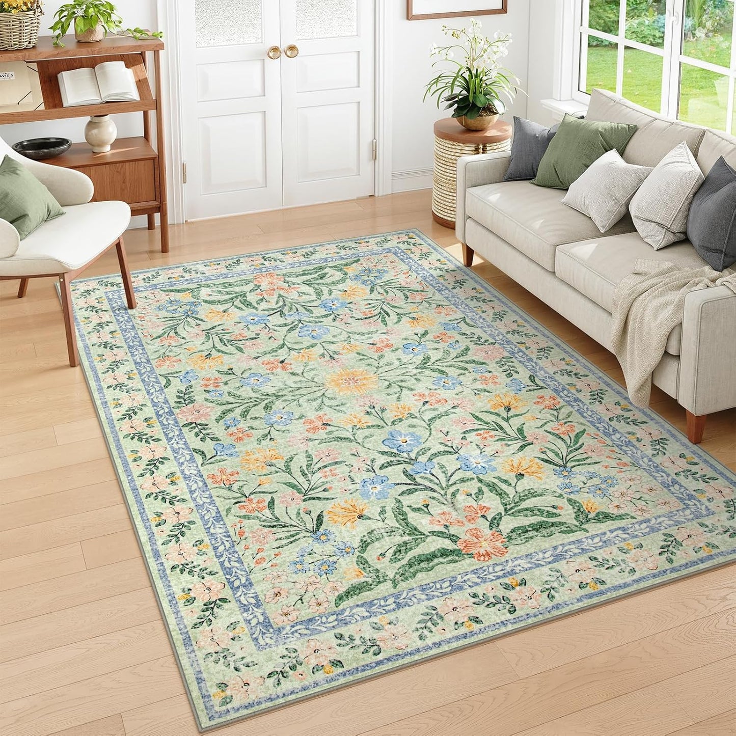 Wonnitar Washable Floral 6x9 Rug, Soft Green Area Rug Boho Non Slip Dining Room Carpet, Non-Shedding Flower Floor Carpets for Kids Bedroom Living Room Dorm Playroom