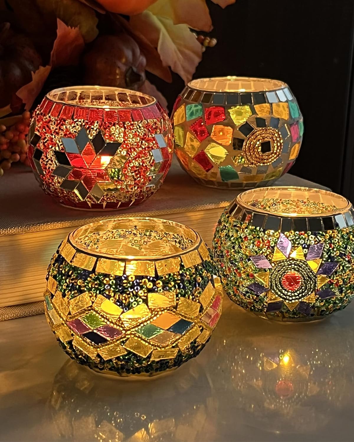 SHMILMH Glass Candle Holder Set of 4, Diwali Gift Votive Candle Holders Handmade Mosaic Glass Tealight Holders Diwali Christmas Table Decorations for Home