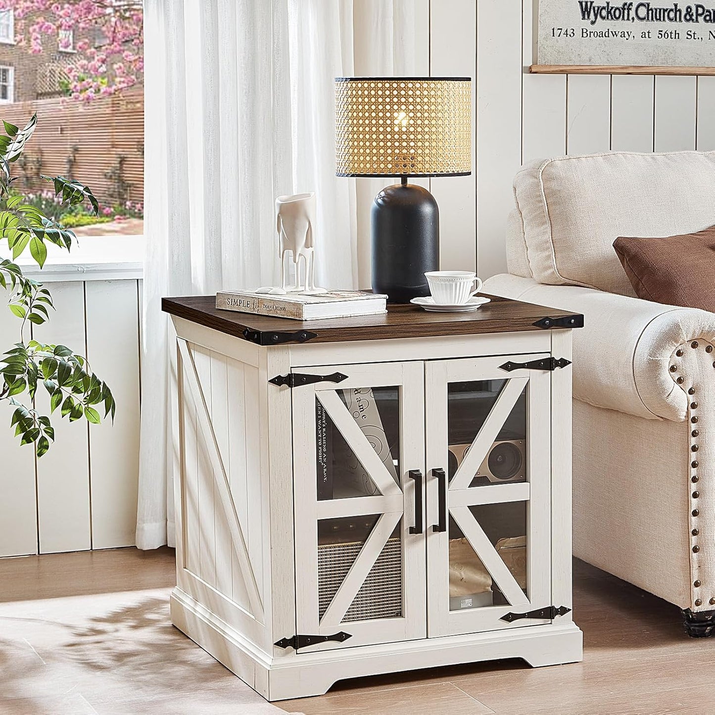 24" End Table with Charging Station, Farmhouse Night Stand with Glass Barn Door, White Nightstands with Adjustable Storage Shelf, Large Wood Square Bed Side Table for Living Room,Bedroom