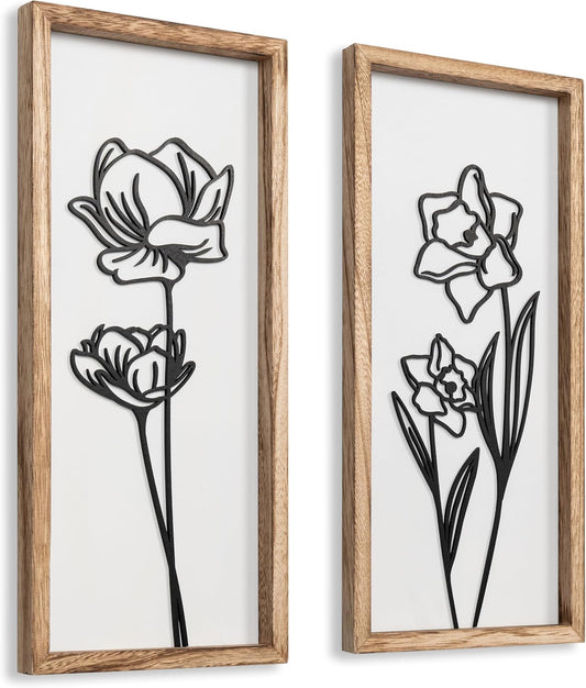 3D Black and White Wall Art (Set of 2) Lightweight, Wooden Ready-to-Hang Framed Floral Wall Art for Bathroom, Bedroom, Living Room or Office – Boho Botanical Farmhouse Decor – Gift-Boxed