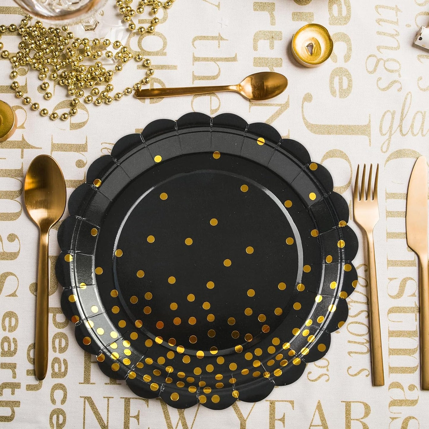 50PCS Black and Gold Paper Plates, 7 Inch Black Scalloped Party Plates Disposable Dessert Plate Cake Plate for Graduation Retirement Aniversary Birthday Dinner