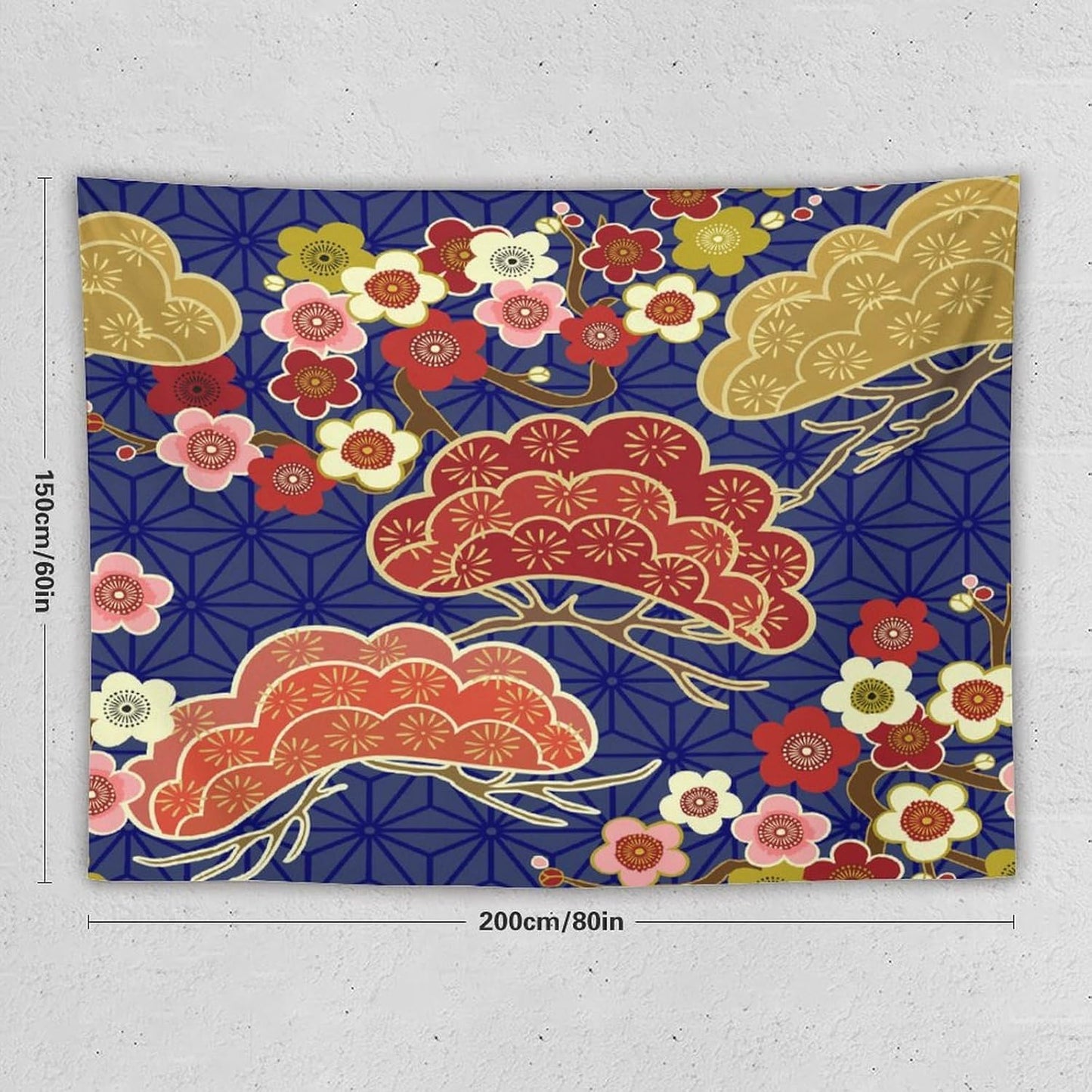 HZOHNAGO Japanese Tapestry Art Abstract Colorful Cherry Blossom Blue Background Pattern Printed Wall Tapestry Painting Wall Hanging for Bedroom Living Room Dorm 80" W x 60" H