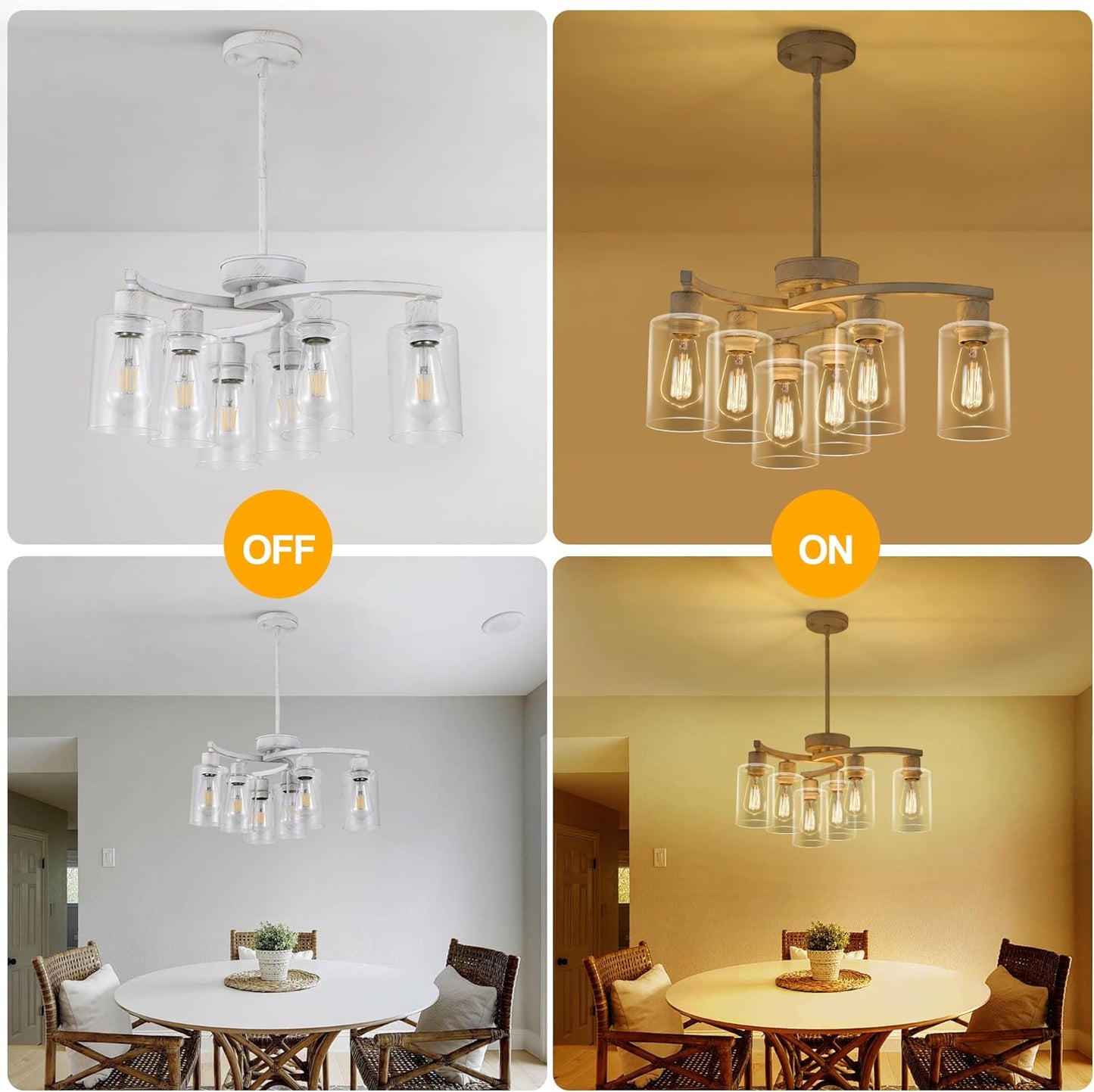6-Light Antique White Chandelier with Clear Glass Shade, French Country Chandeliers for Dining Room, Adjustable Height Hanging Farmhouse Pendant Lighting for Kitchen Island Entryway Office